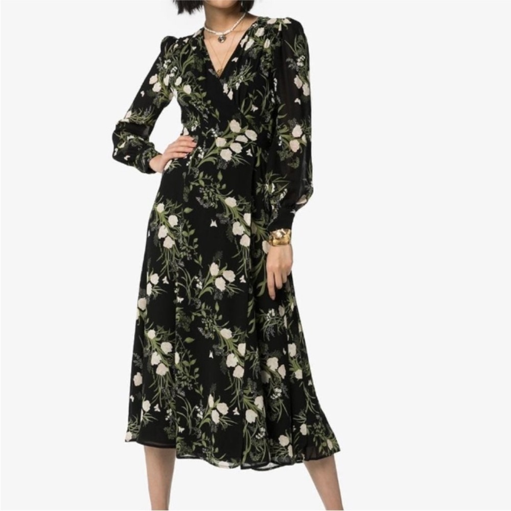 Reformation Susanna Black Floral Long Sleeve Midi Dress Size M B14